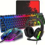 4-in-1 Gaming Combo Set | Wired Keyboard, Mouse, Headset & Mouse Pad | Rainbow LED Backlit for PC, PS4, Xbox & Laptop Gamers