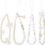 DKDDSSS 4 pcs Phone Charm, Beaded Phone Bracelet Strap, White Pearl Bow Cell Phone Charms, Cute Phone Charm