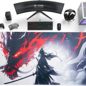 DeskVibe Mouse Pad, 1000mmx500mmx3mm XXXL Gaming Mouse Pad with Ultra-Smooth Surface, Computer Desk Mat for MacBook, PC, Laptop (Wrath of the Dragon – Samurai Inferno)