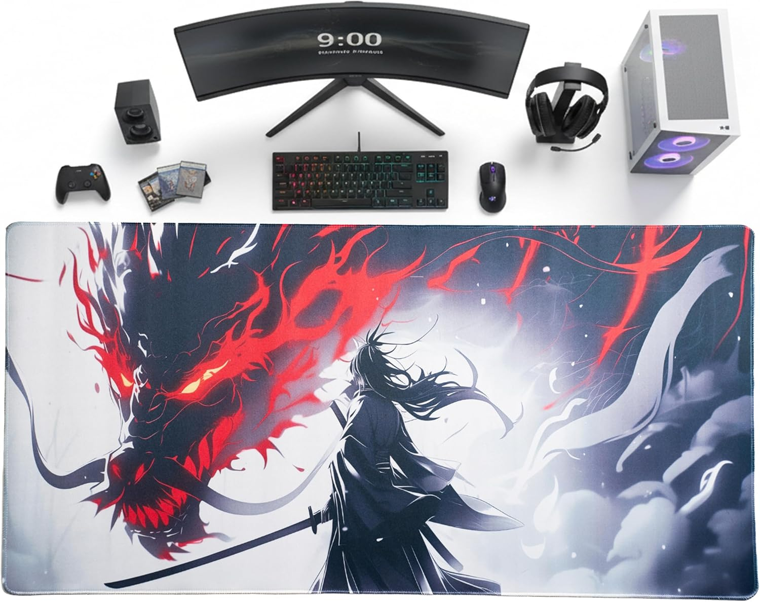 DeskVibe Mouse Pad, 1000mmx500mmx3mm XXXL Gaming Mouse Pad with Ultra-Smooth Surface, Computer Desk Mat for MacBook, PC, Laptop (Wrath of the Dragon – Samurai Inferno)