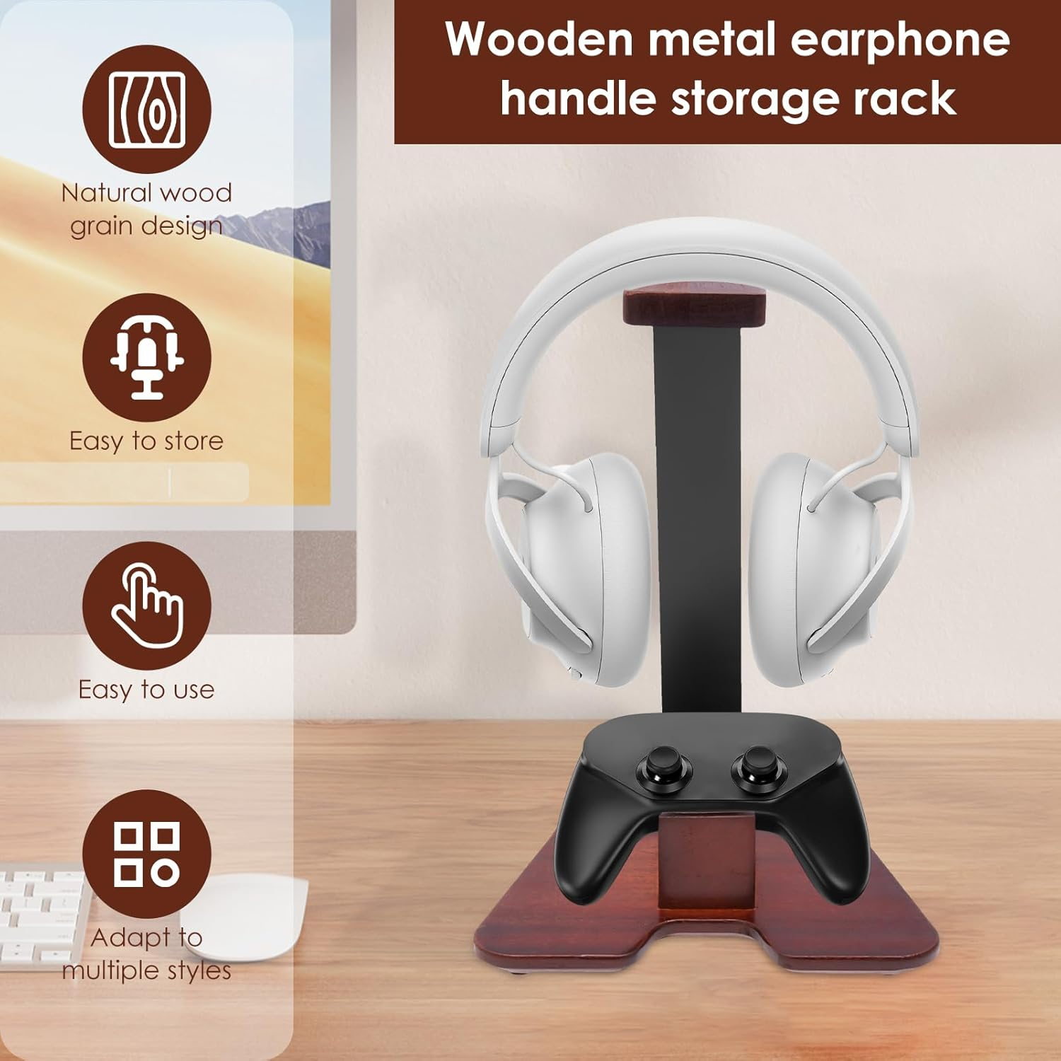 Headphone Stand with Controller Holder Wooden Gaming Headset Stand Desk Accessories