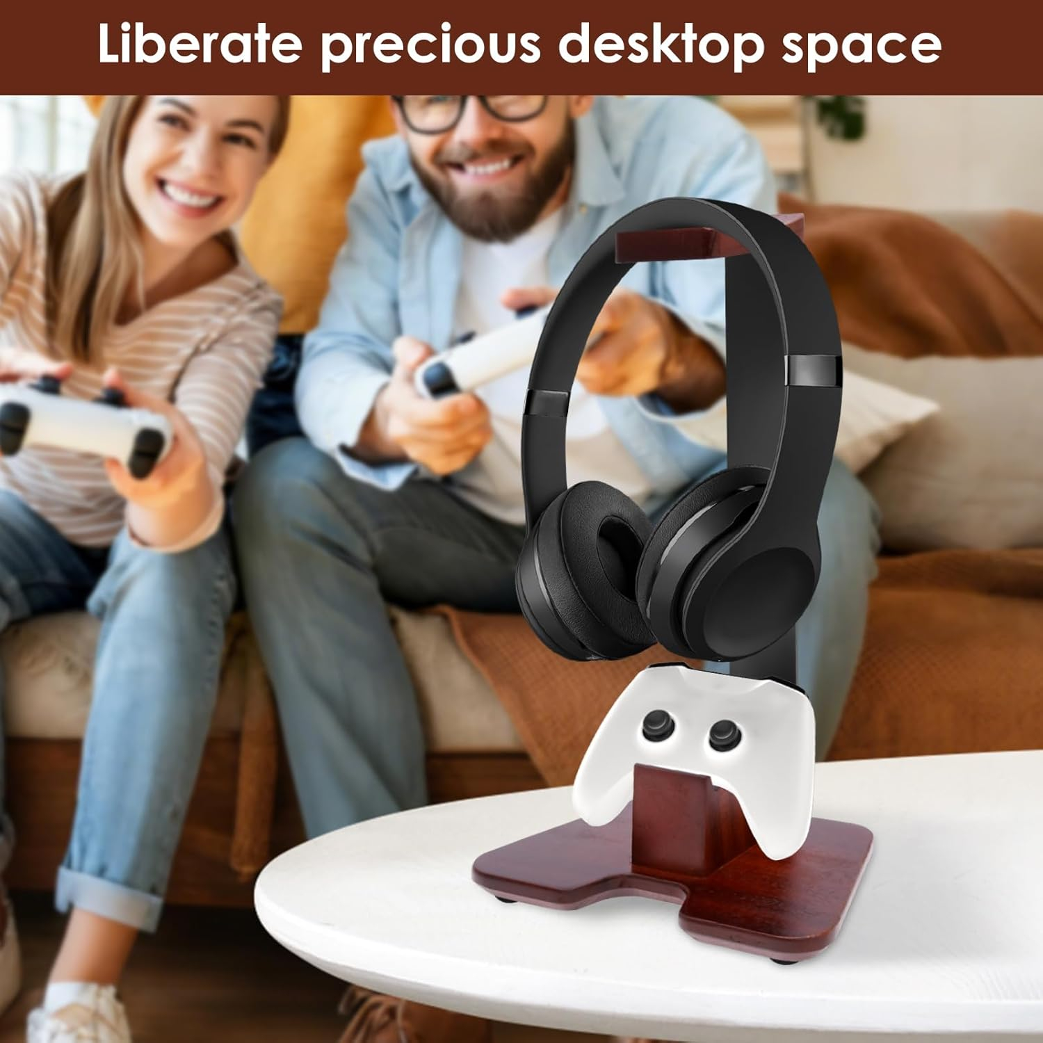 Headphone Stand with Controller Holder Wooden Gaming Headset Stand Desk Accessories