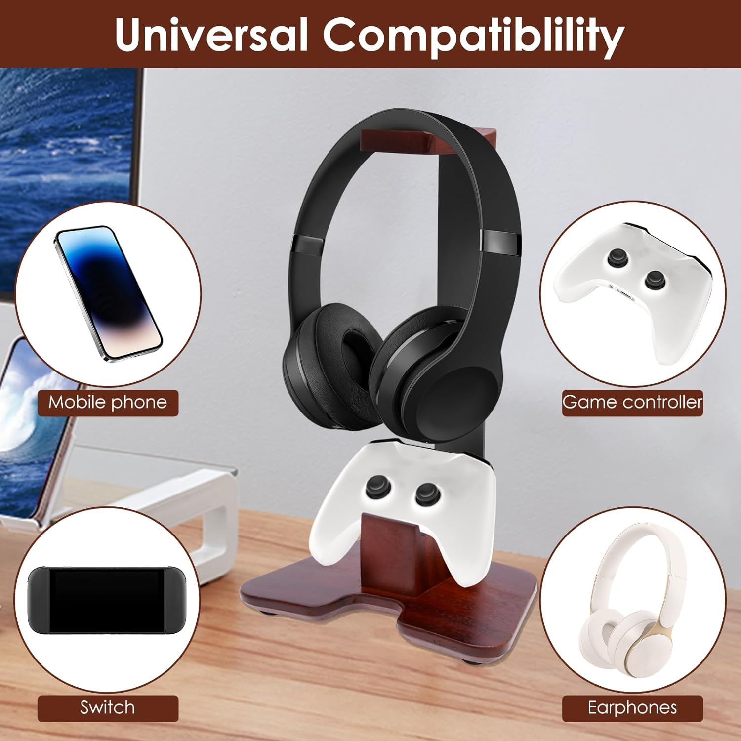 Headphone Stand with Controller Holder Wooden Gaming Headset Stand Desk Accessories