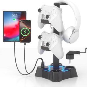 KDD Headset Holder LED with USB Charging Station, Controller Holder